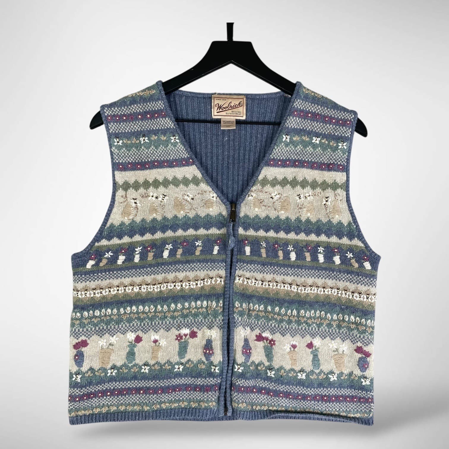 Woolrich Womens M Wool Blend Sweater Vest Zip Floral Fair Isle Cottagecore Blue
