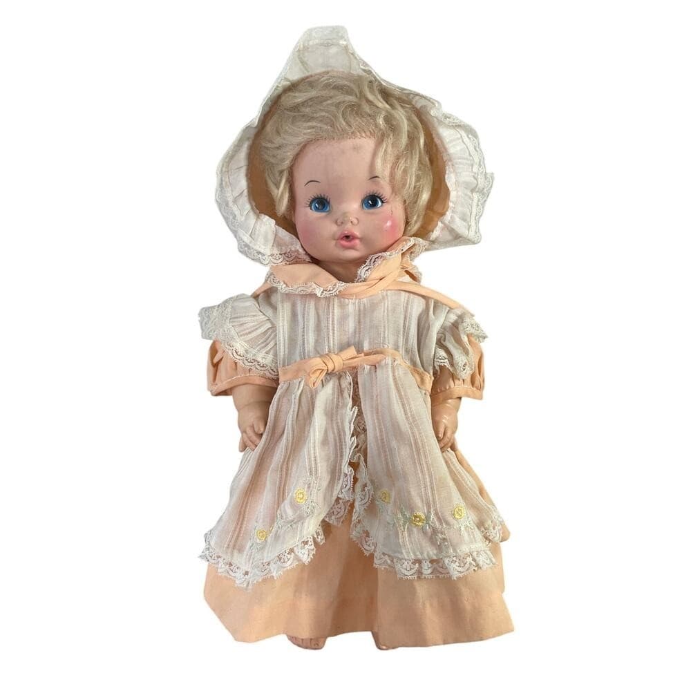 Vintage Eegee Softina Baby Doll 17” 1960s Vinyl Peach Dress Bonnet EG Mark