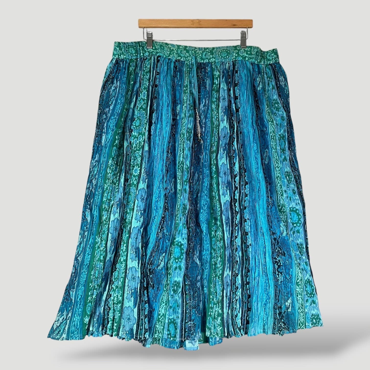 Silver Stream Boho Maxi Skirt Blue Teal Crinkle Cotton Drawstring