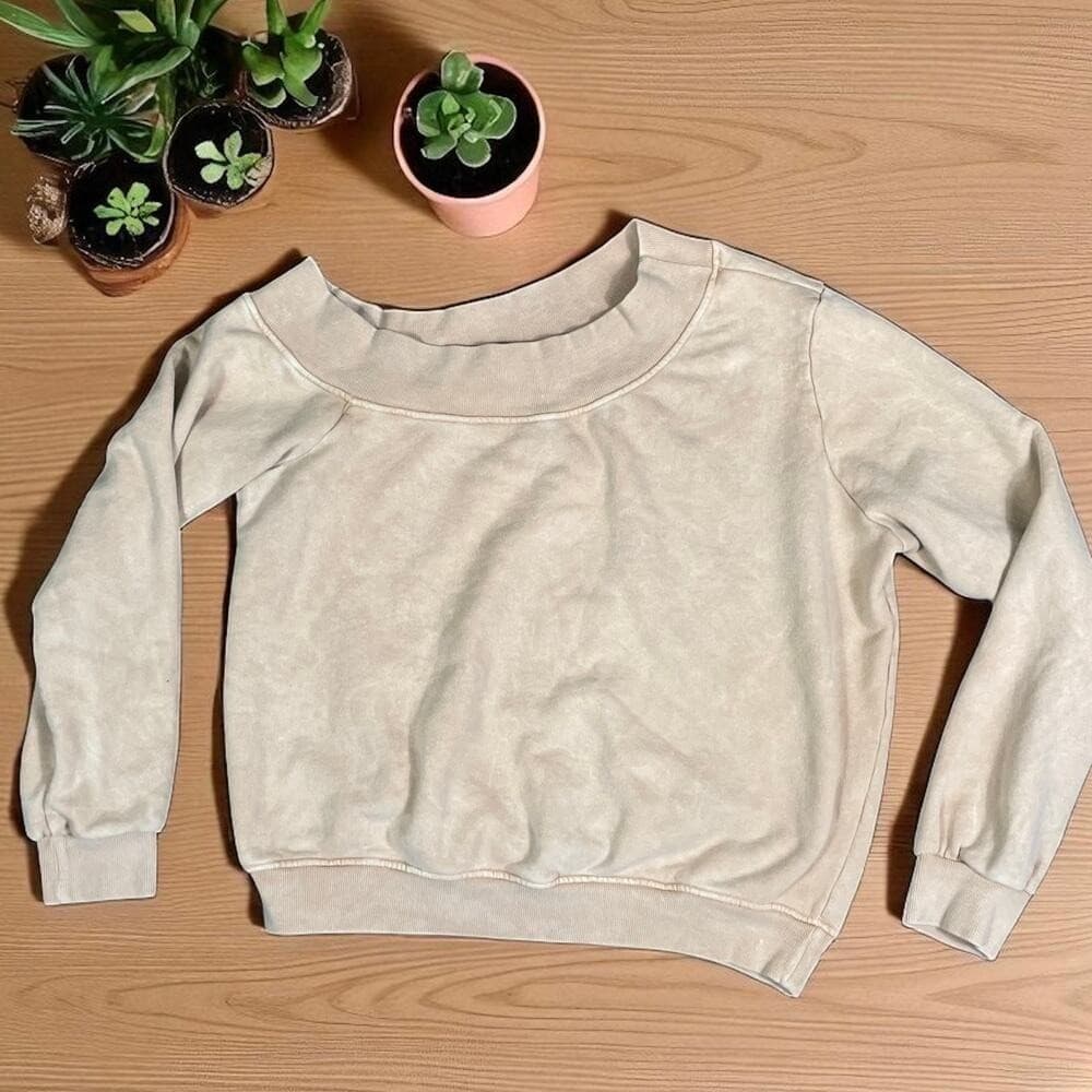 Womens Taupe Fuzzy Sweater Small Off Shoulder Cozy Plush JLUXLABEL