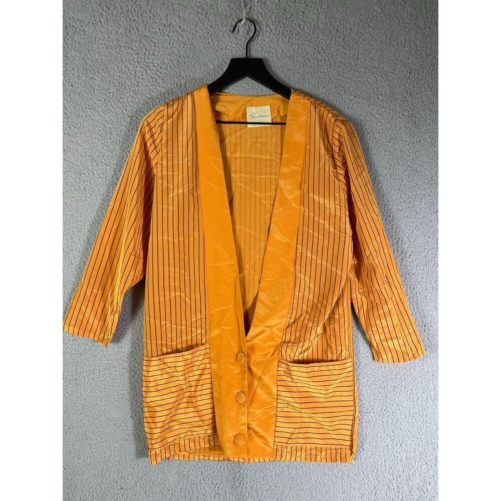 Vintage Saintmain Gold Striped Blazer Womens M Satin Trim 3/4 Sleeve Jacket
