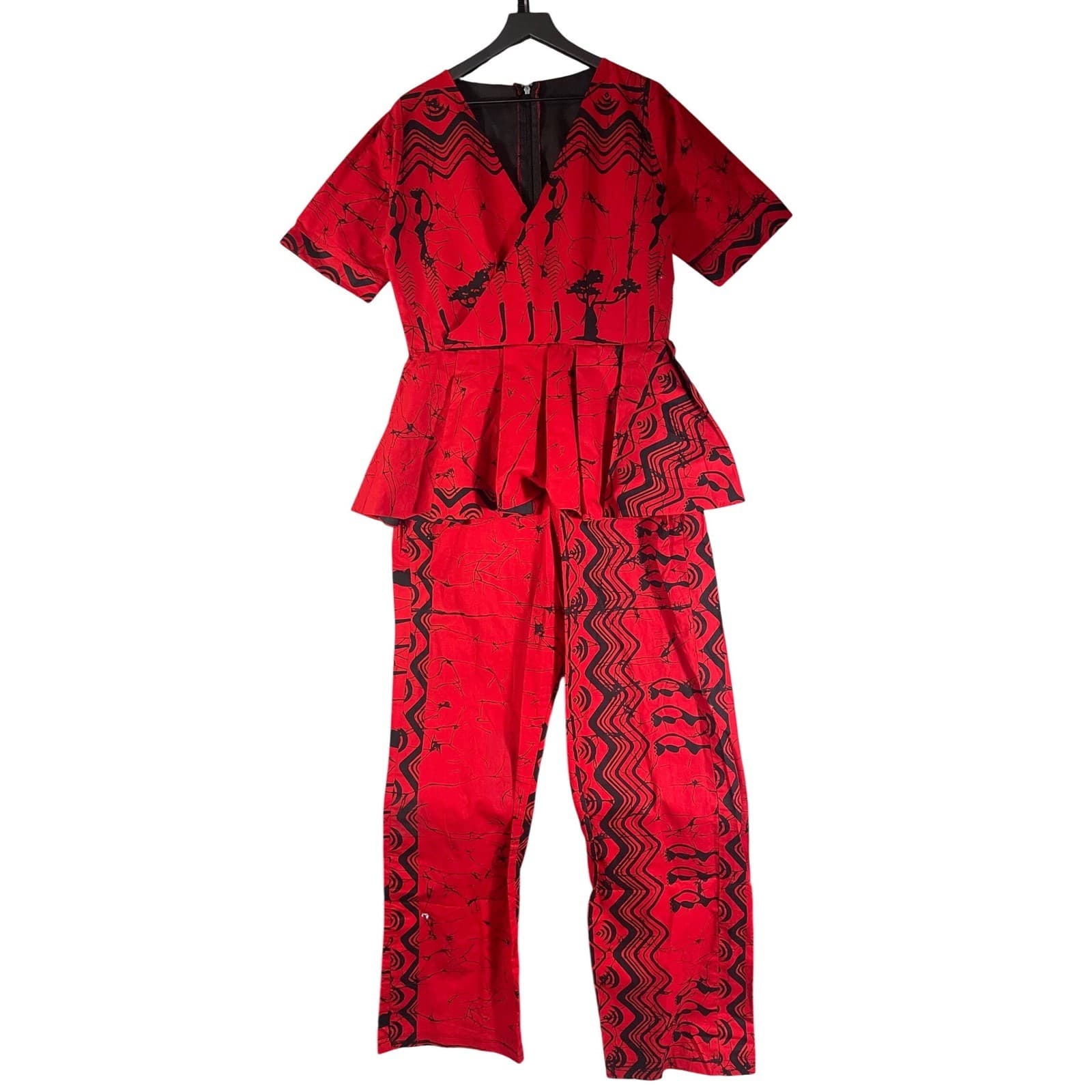 Vintage Costume Red Peplum Wrap Jumpsuit African Batik Acacia Tree Print Tall XL