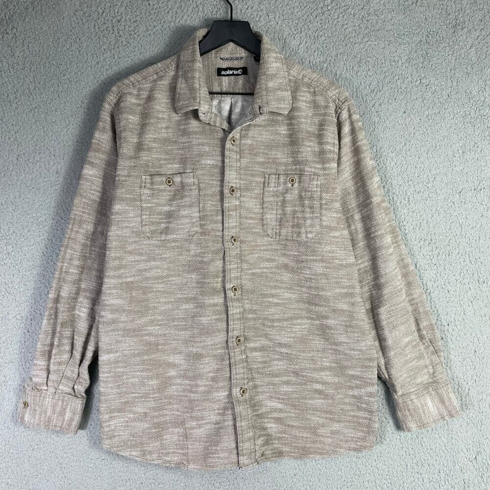Solaris Mens XL Long Sleeve Button Shirt Beige Cotton Casual Collared Top