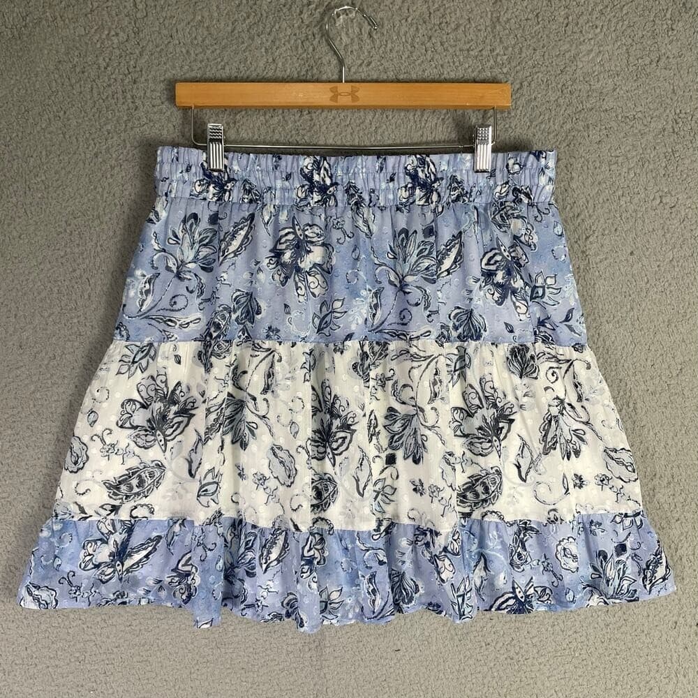 Rachel Zoe Blue Toile Print Skirt Size Large Lined Pull-On Smocked Cottagecore