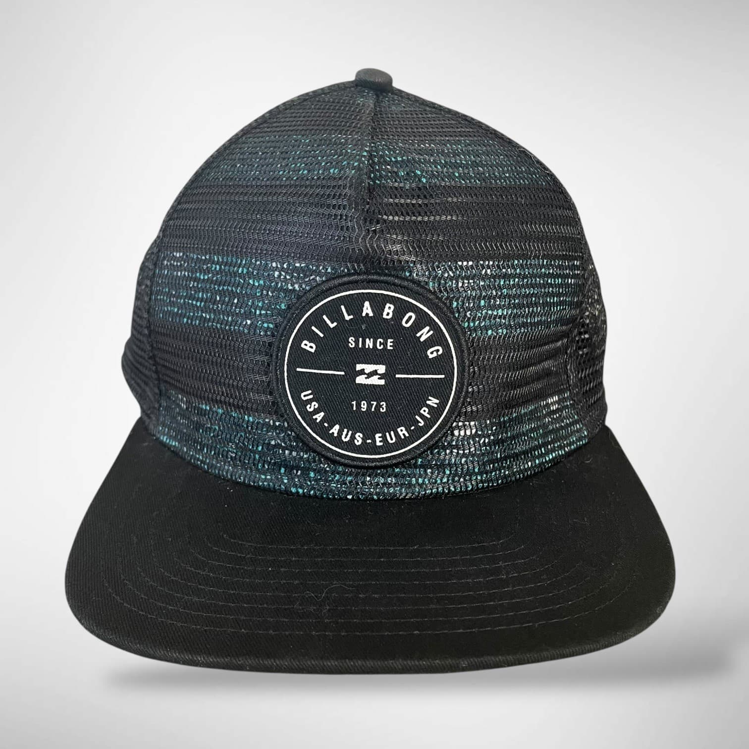 Billabong Mens Trucker Hat Black Teal Striped Logo Snapback Flat Brim Cap