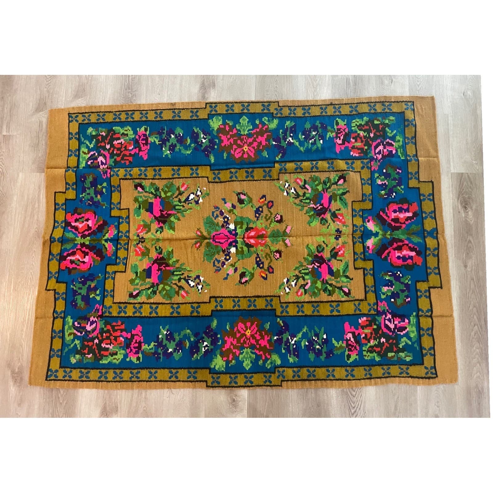 Vintage Bessarabian Kilim Rug Floral Rose Wool 70x50 Moldovan Romanian Flatweave