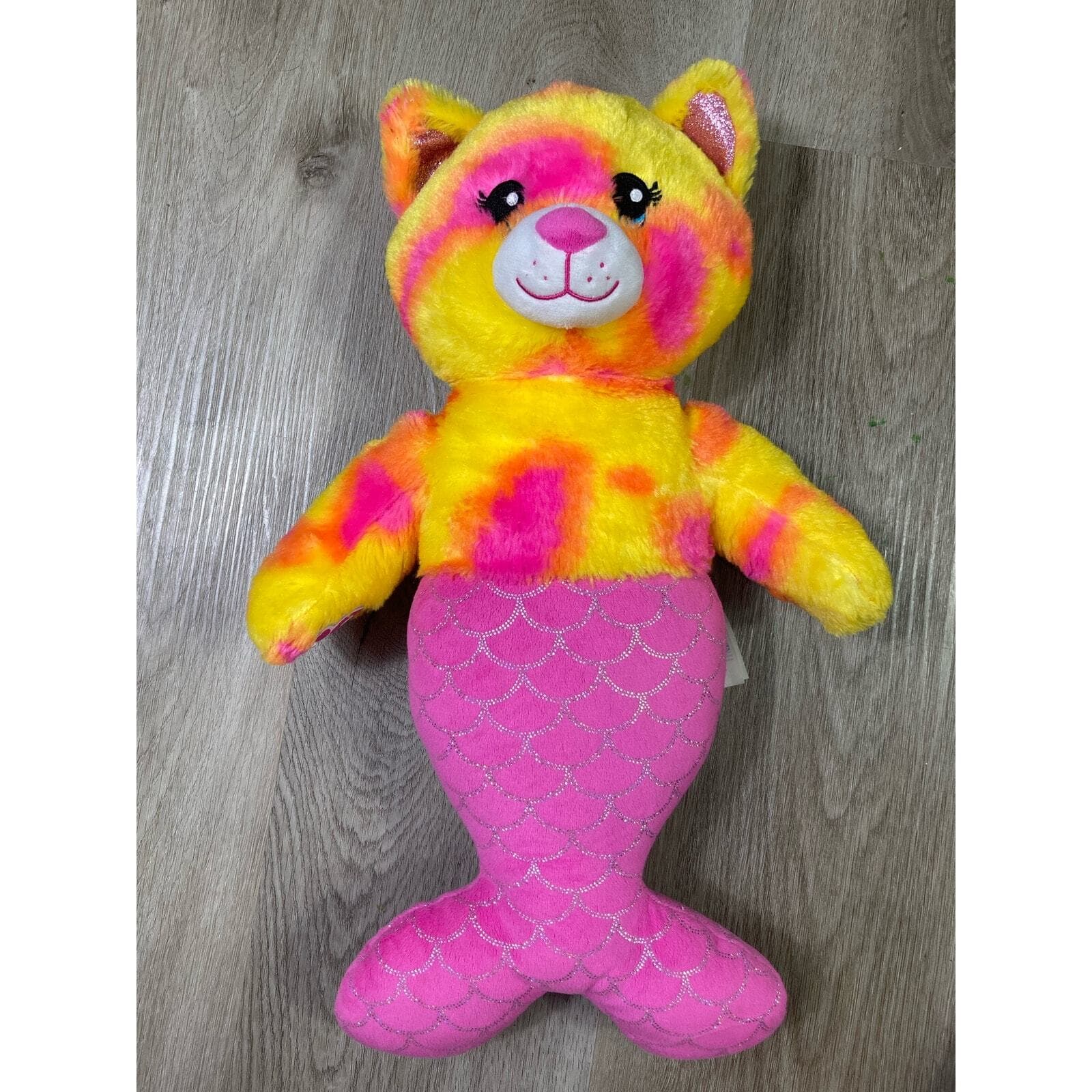 Build A Bear Mer Cat Plush 16” Pink Yellow Tie Dye Mermaid Stuffed Animal