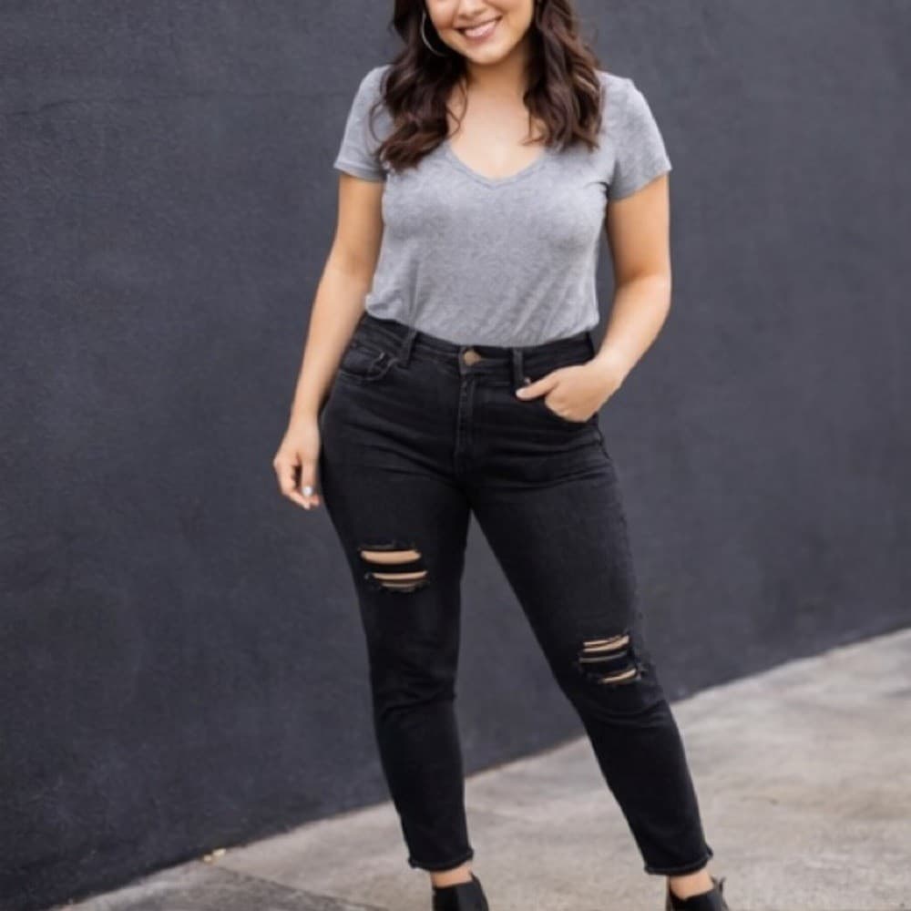 Fashion Nova Black Distressed Skinny Jeans Women's 7/8 High Rise Stretch Denim