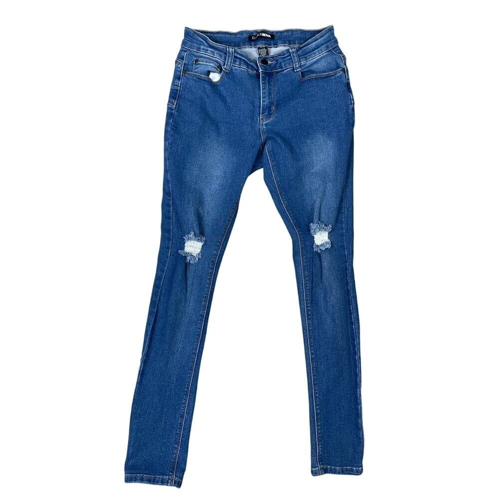 Fashion Nova Women's 7/8 Blue Distressed Ripped Skinny Jeans Mid Rise Denim
