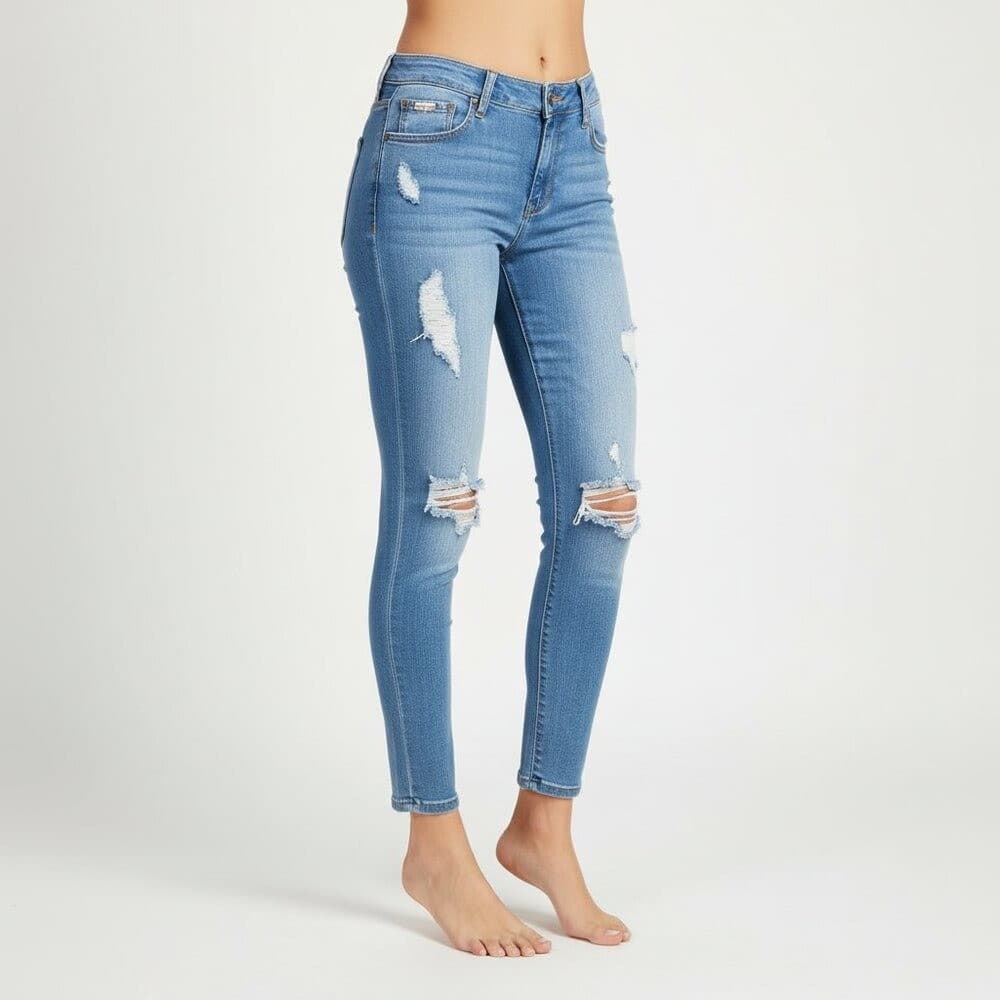 Fashion Nova Women's 7/8 Blue Distressed Ripped Skinny Jeans Mid Rise Stretch