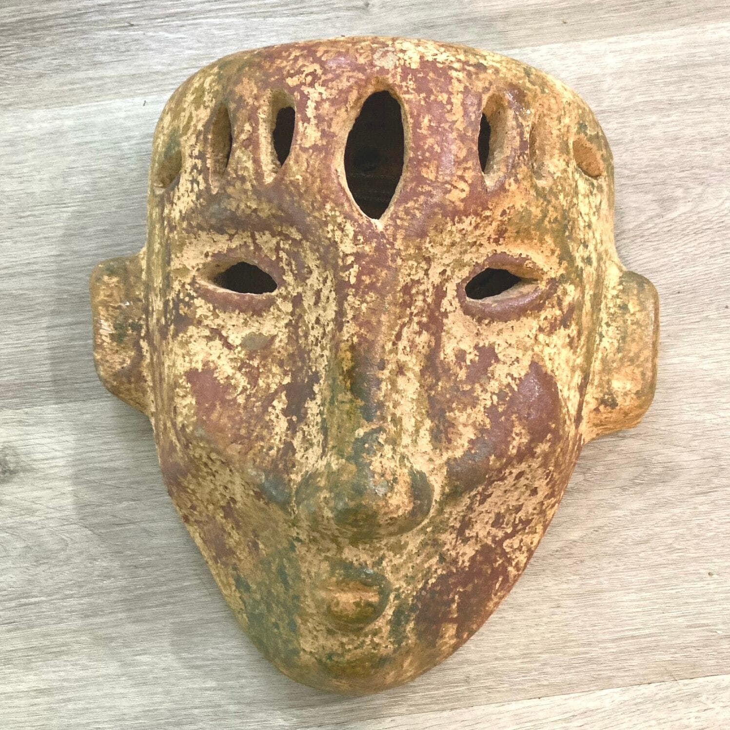 Vintage Rustic Stoneware Tribal Face Wall Mask 16" Ceramic Sculpture Decor Art