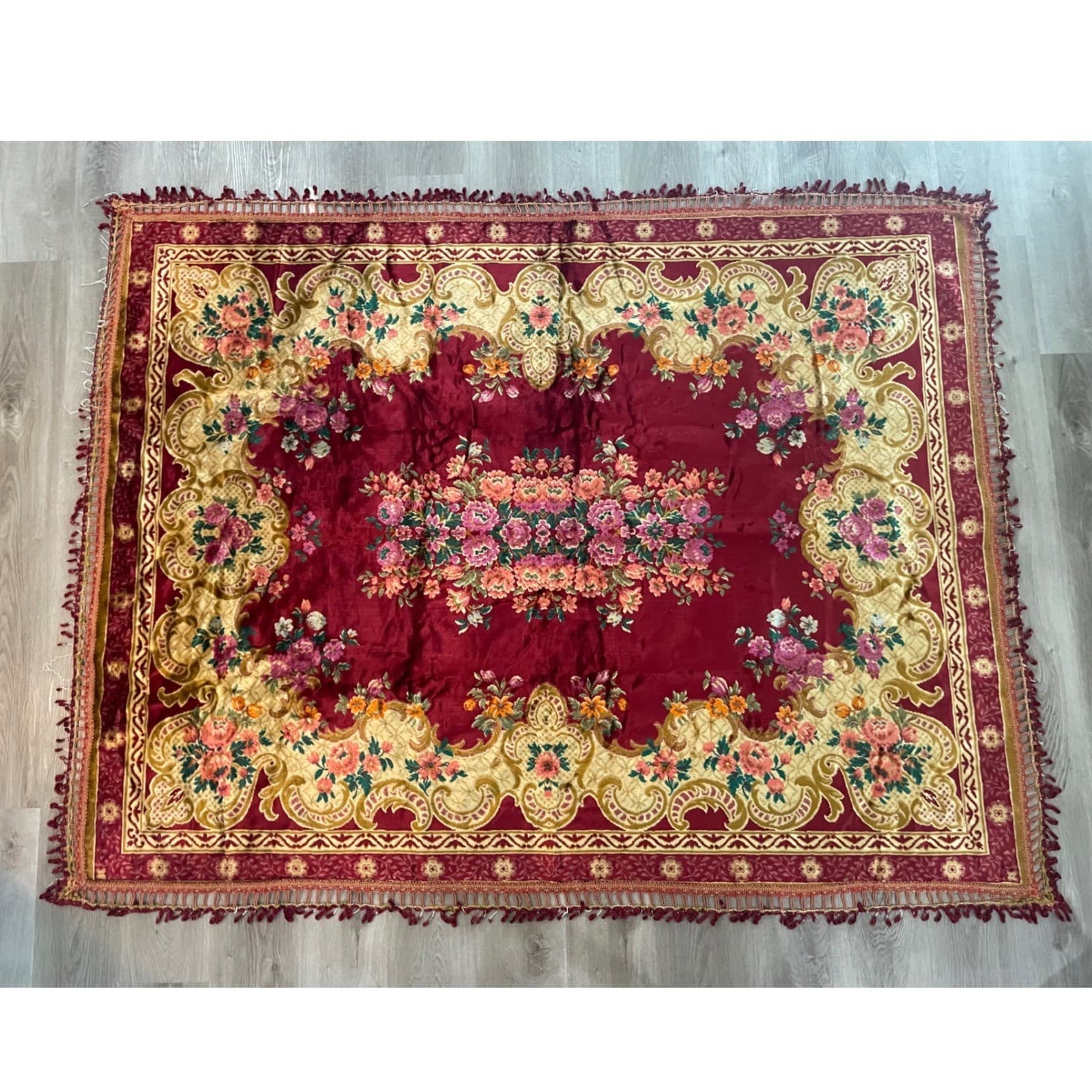 Vintage Italian Velvet Bedspread Rug 1970s Red Gold Floral Tapestry Fringe