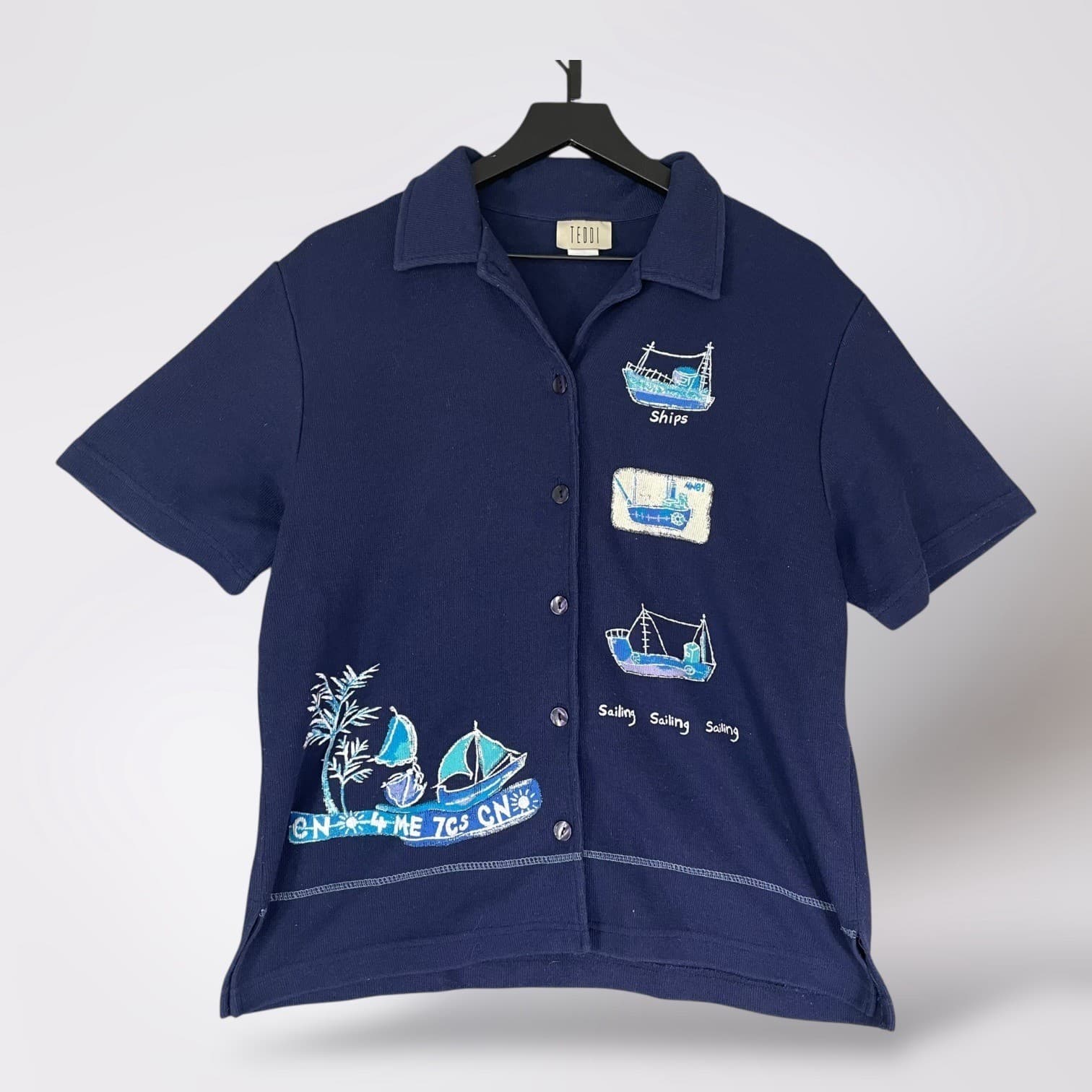 Nautical Sailboat Embroidered Shirt Womens L Navy Coastal Beach Button Top