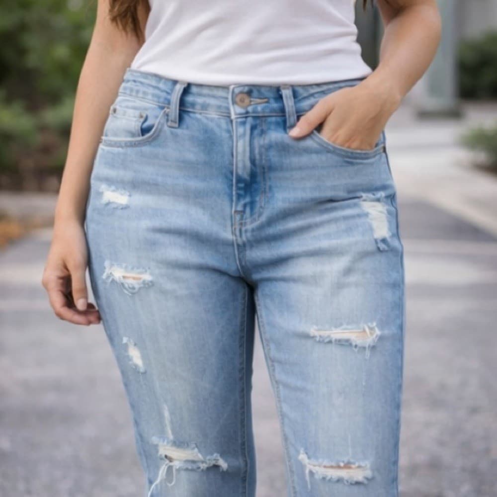 Fashion Nova Distressed Skinny Jeans 7 Women Light Wash Ripped Torn Stretch