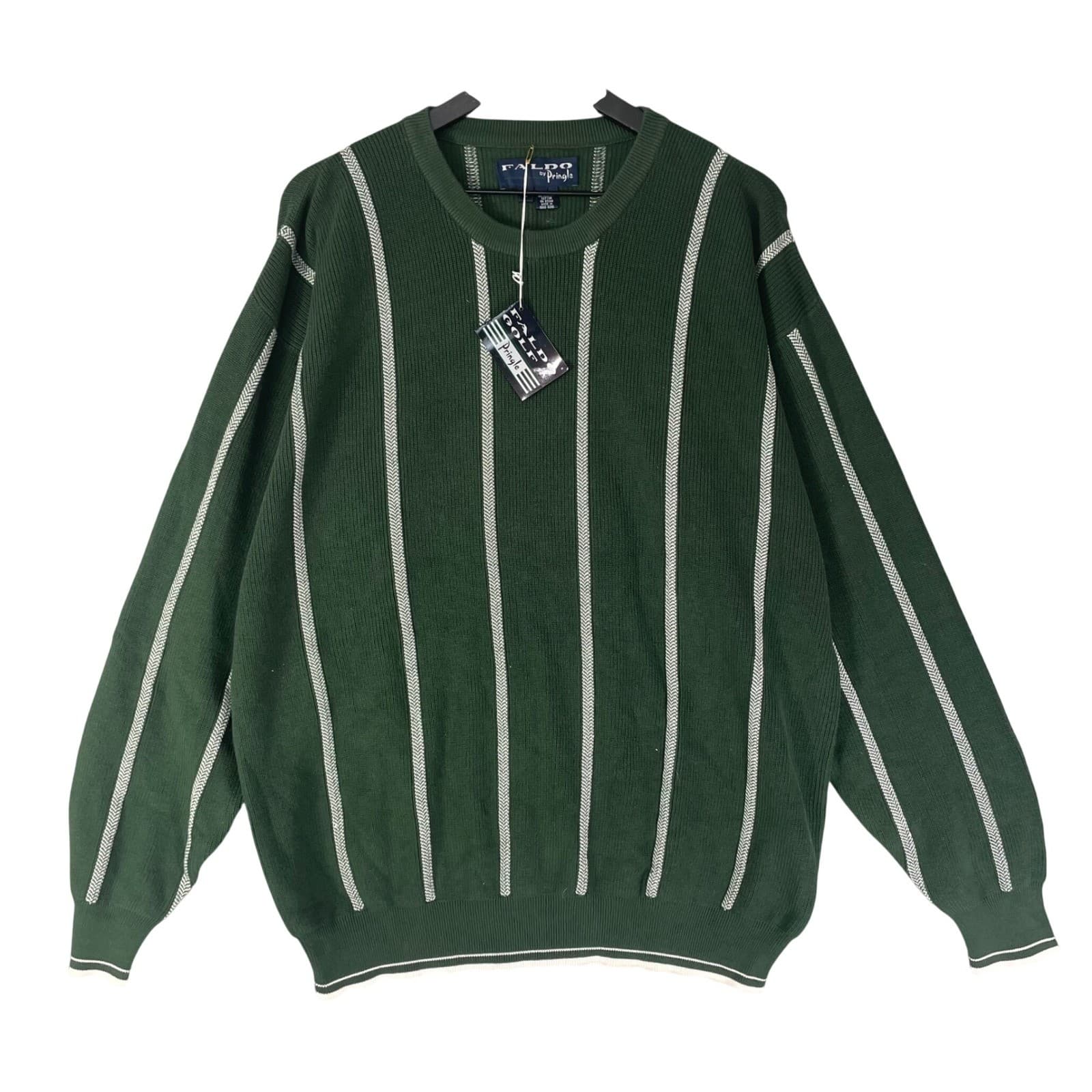 Faldo Pringle Sweater Mens L Green Striped Crewneck Cotton Golf NWT