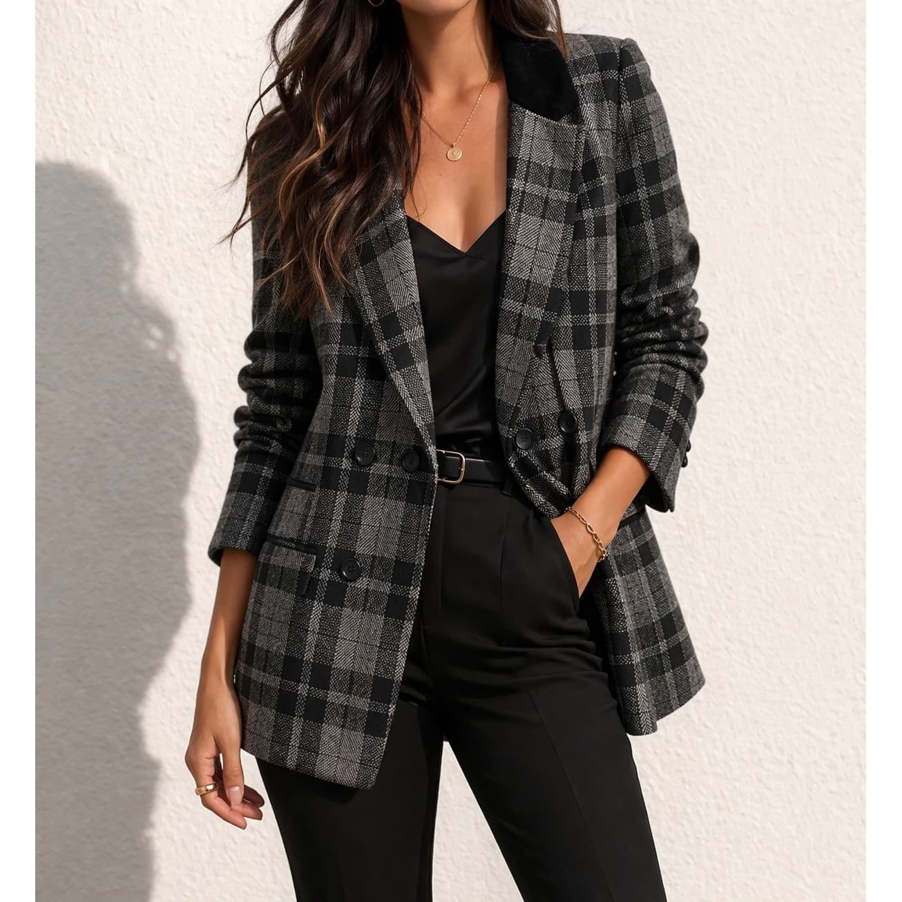 Vintage Plaid Blazer Womens 5 6 Gray Wool Jacket Velvet Collar Academia S