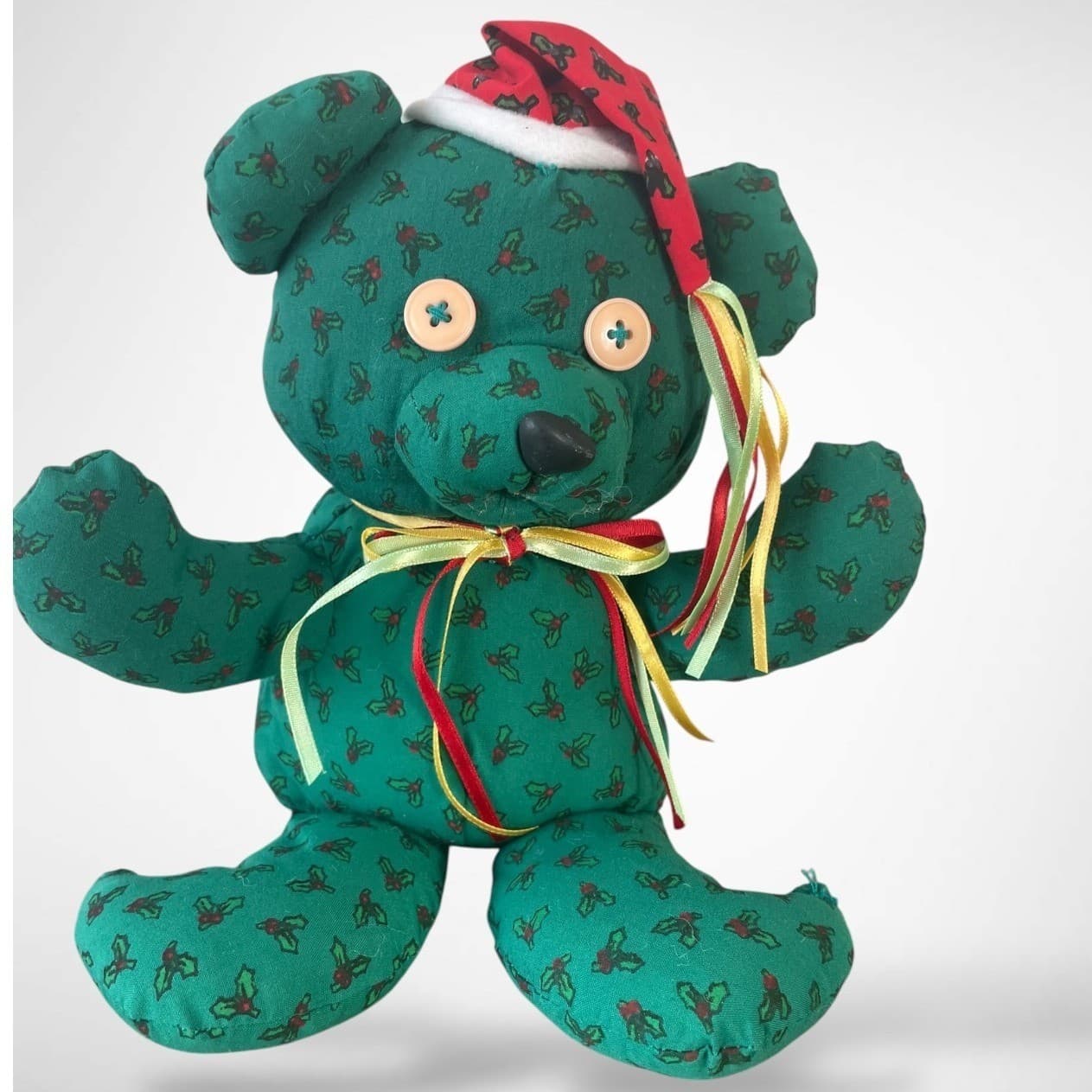 Vintage Handmade Christmas Fabric Teddy Bear 11" Green Holly Calico Button Eyes