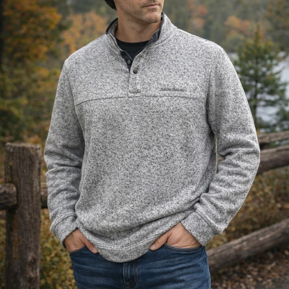 Eddie Bauer Men's M Radiator Fleece Snap Mock Pullover Gray Marled Sweater