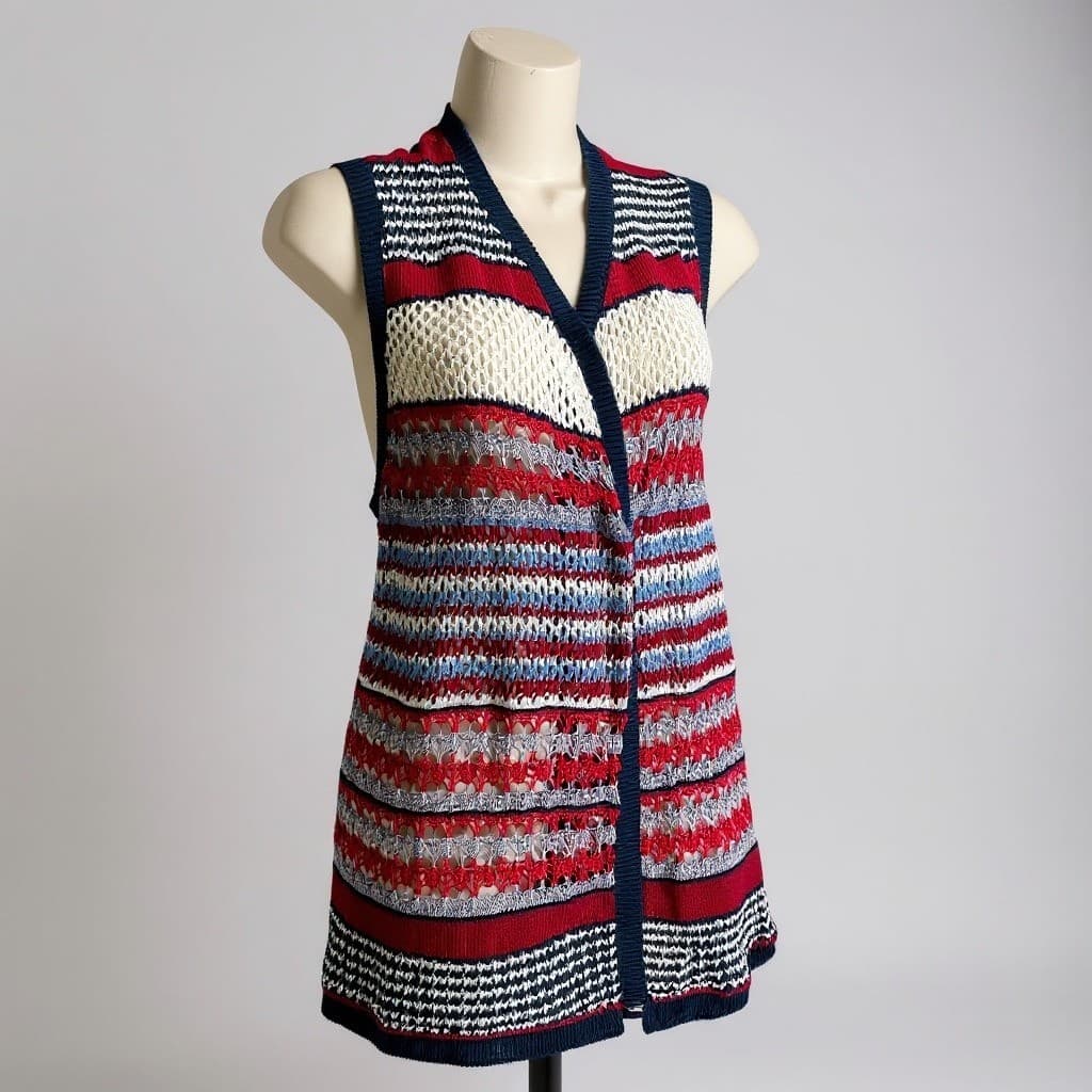 Est. 1946 Patriotic Knit Fringe Vest Medium M Red White Blue Americana Cardigan