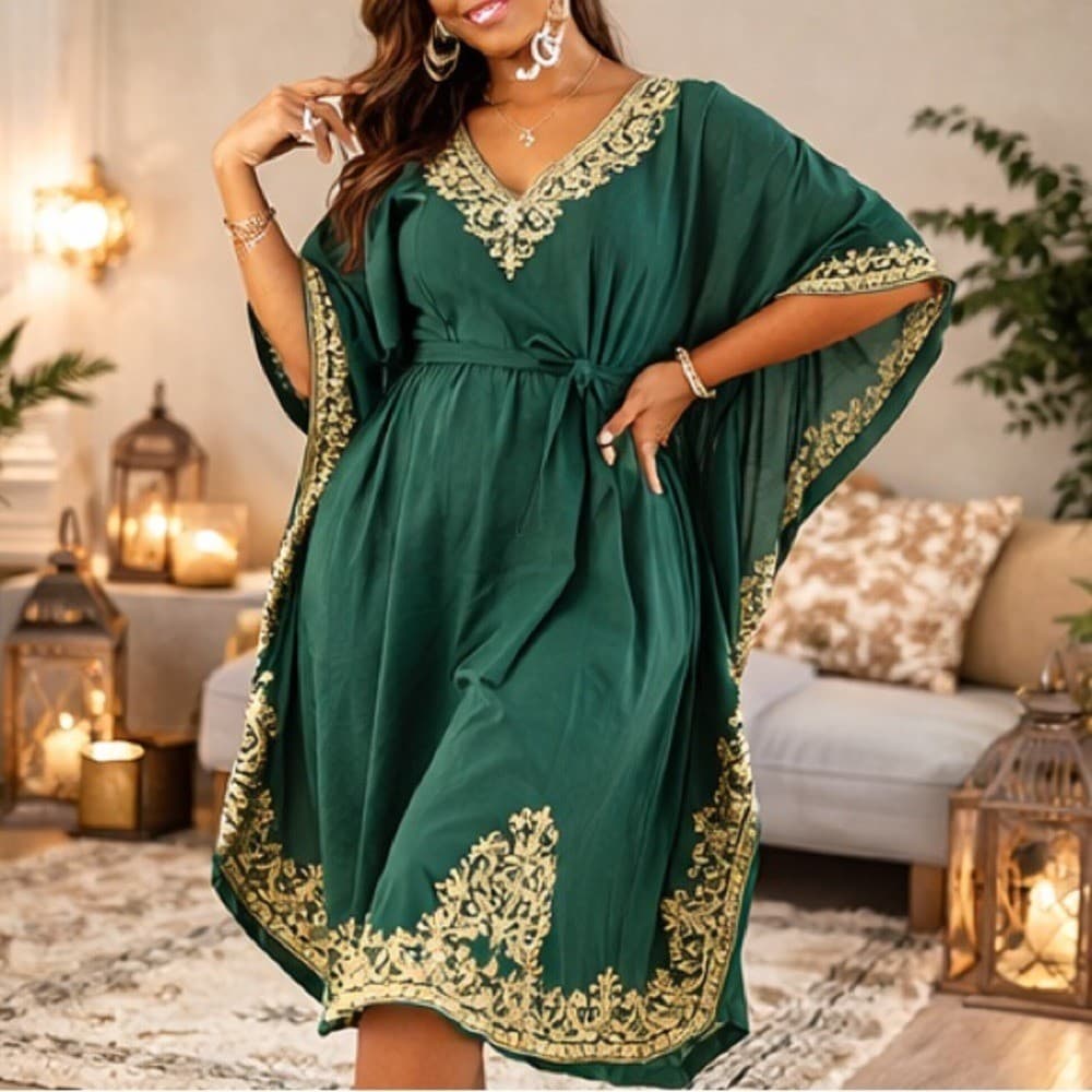 Women's XL Costume Emerald Green Long Kaftan Gold Embroidery Formal Dress