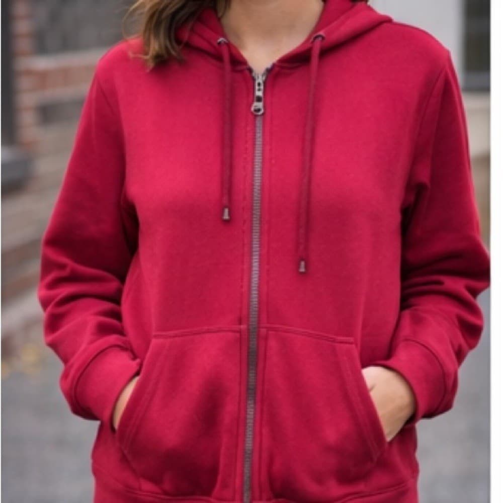 Unisex Red Full Zip Hoodie M Studded Details Drawstring Hood Pockets