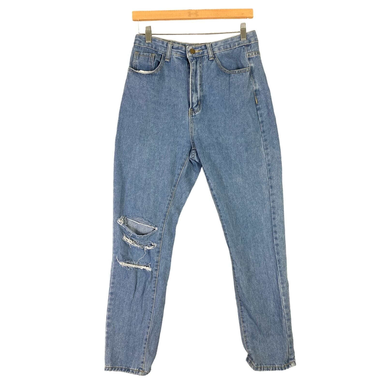 Women's High Waisted Distressed Straight Leg Jeans Blue Size M