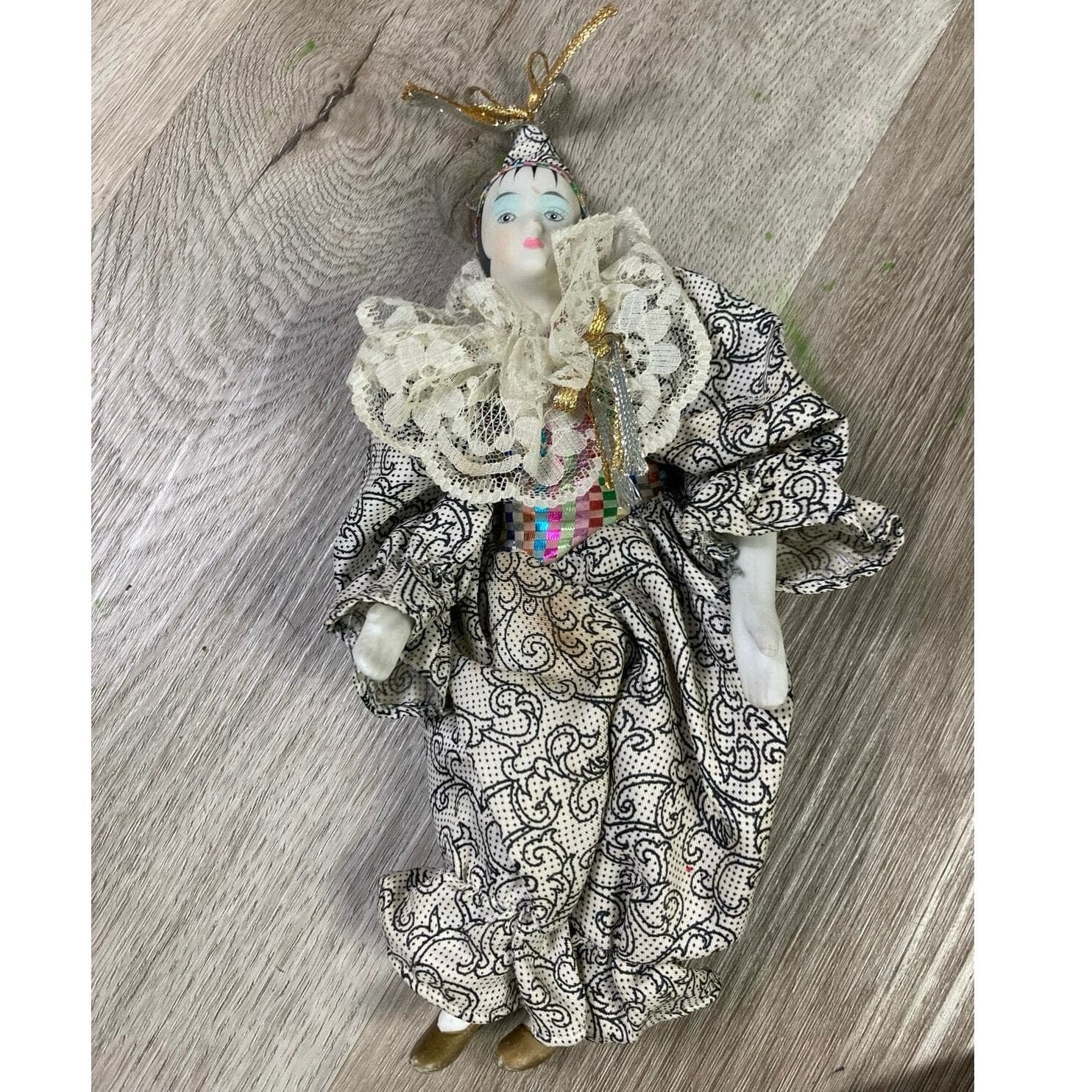Vintage Harlequin Porcelain Clown Doll 10" Hand-Painted Figurine with Stand