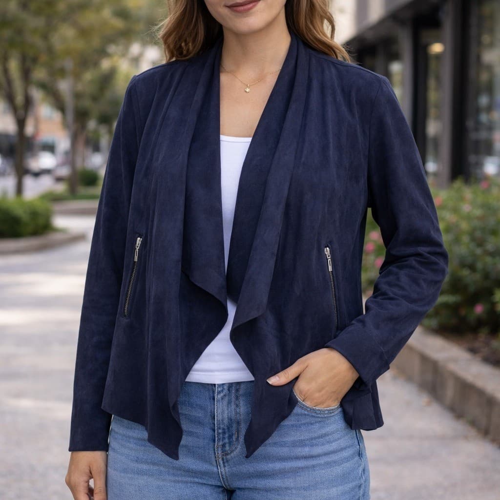 Jules & Leopold Navy Blue Suede Drape Front Waterfall Jacket Women's Small