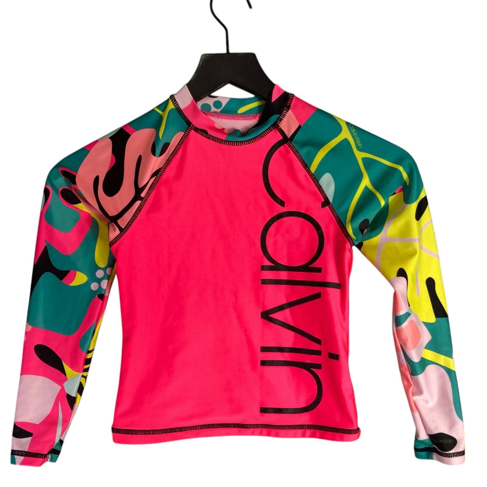 Calvin Klein Girls Rash Guard Swimsuit Top Size Small Multicolor UV Protection
