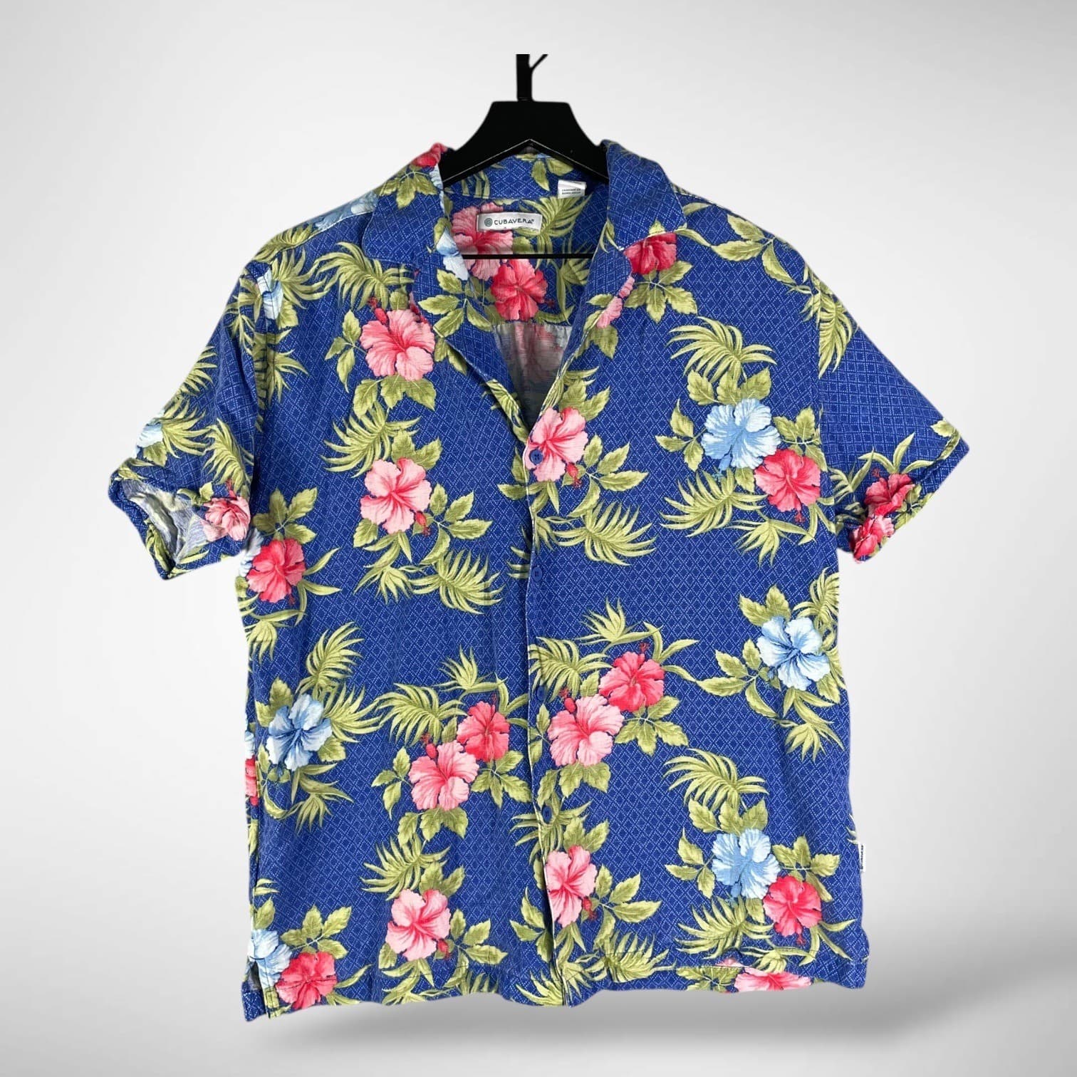 Cubavera Men Medium Blue Hawaiian Floral Aloha Button Up Shirt Short Sleeve