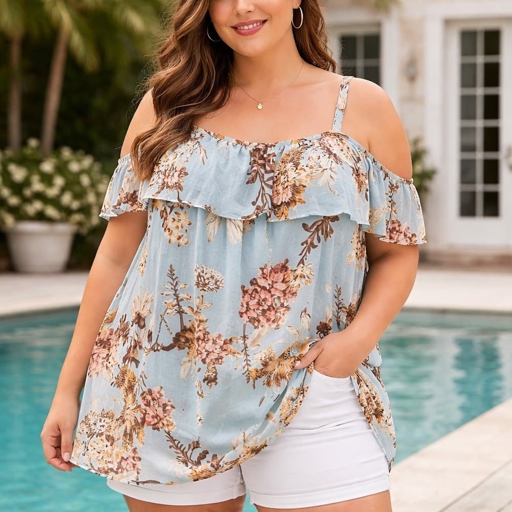 Boutique Blouse Womens 3X Blue Floral Cold Shoulder Tunic Top Ruffle Cami