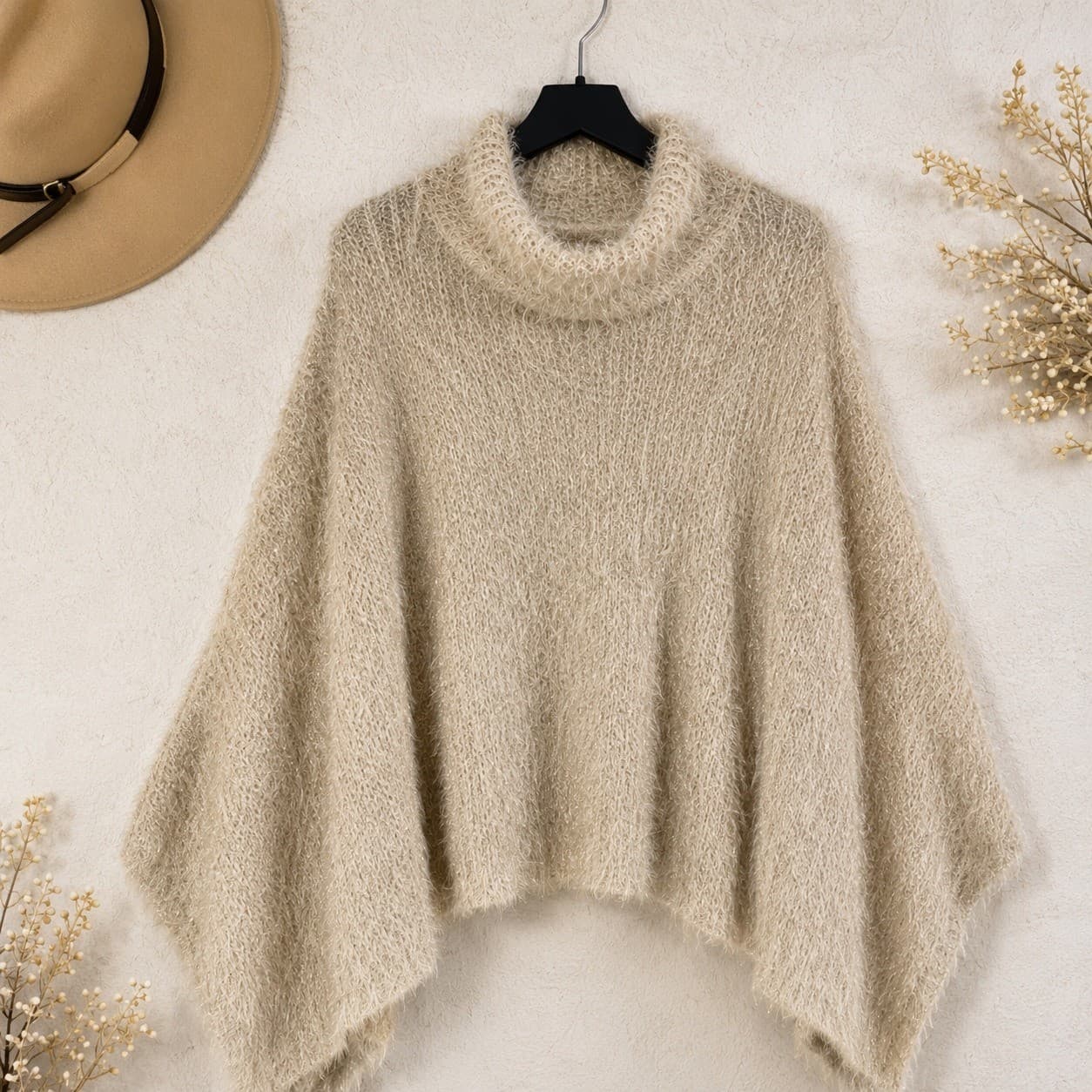 Anthropologie Akemi Kin Eyelash Poncho Sweater Womens OS Ivory Turtleneck