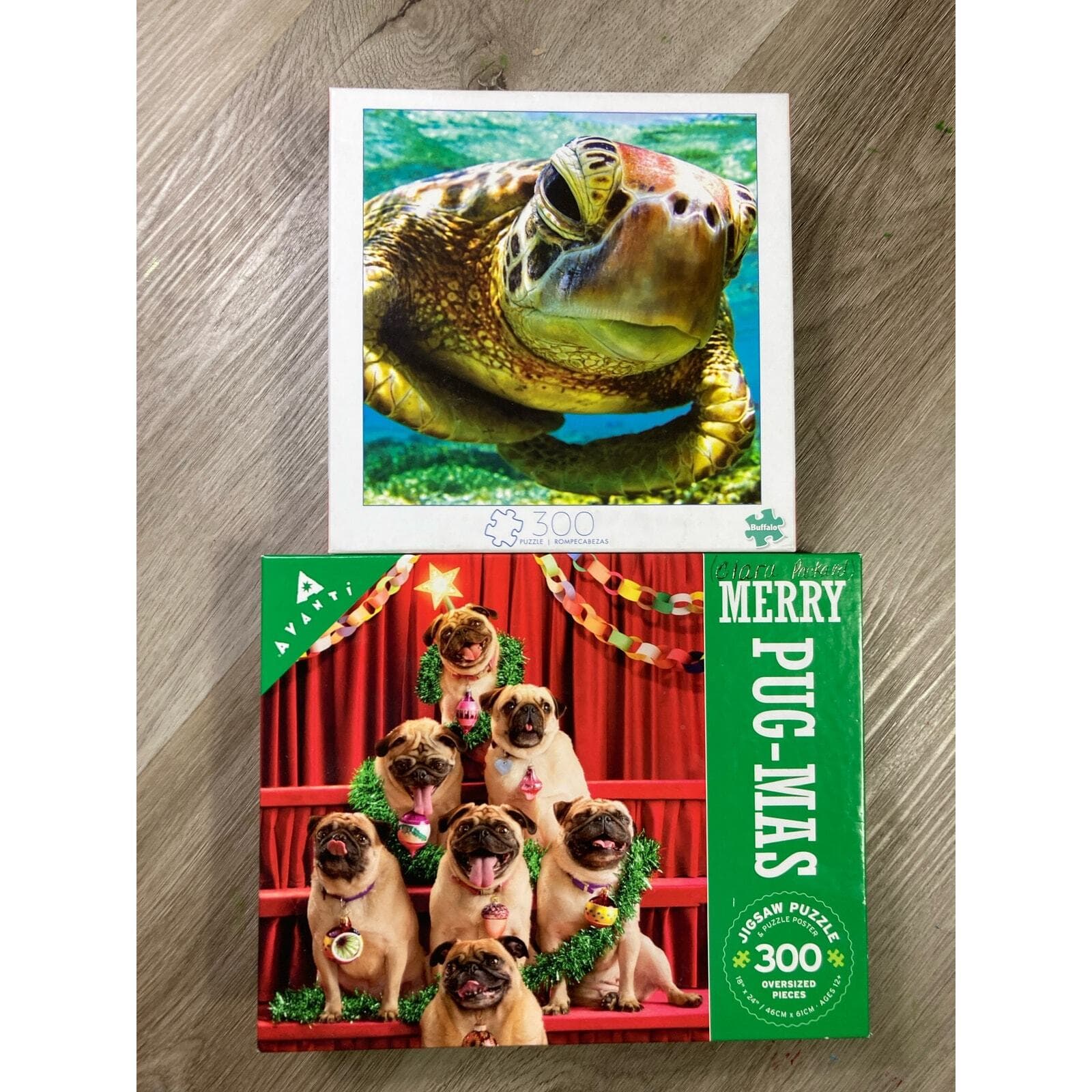 Puzzle Set of 2 300 Piece Christmas & Sea Turtle Jigsaw Puzzle Bundle Pug-Mas