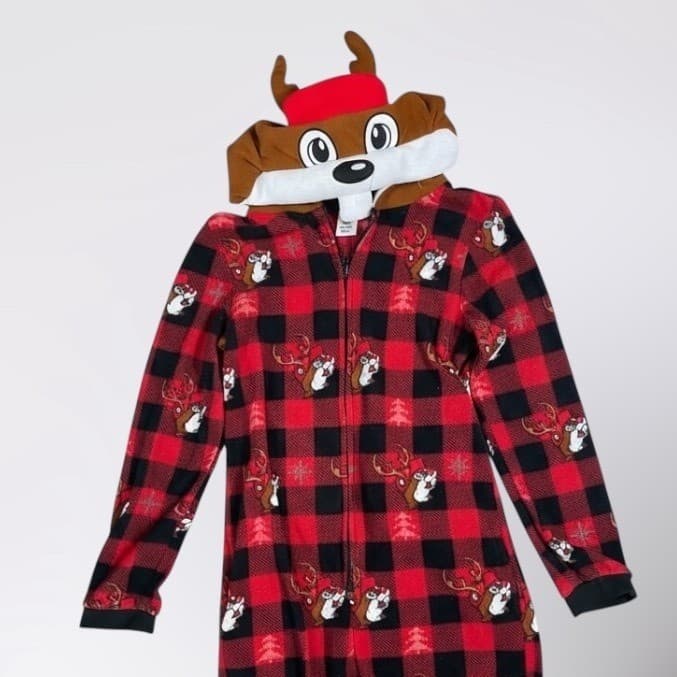 Buc-ee’s Kids Beaver Costume Red Plaid One Piece Hooded Youth M L Outfit