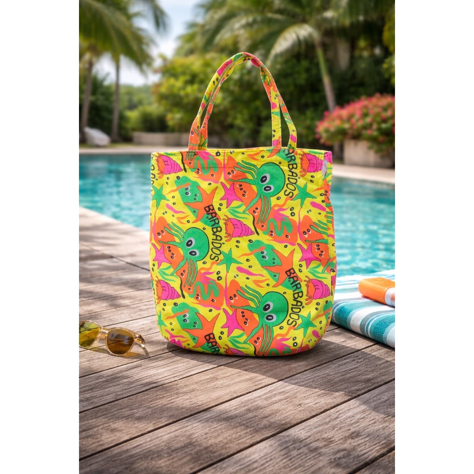 Neon Tropical Beach Tote Bag Octopus Starfish Colorful Travel Pool Summer
