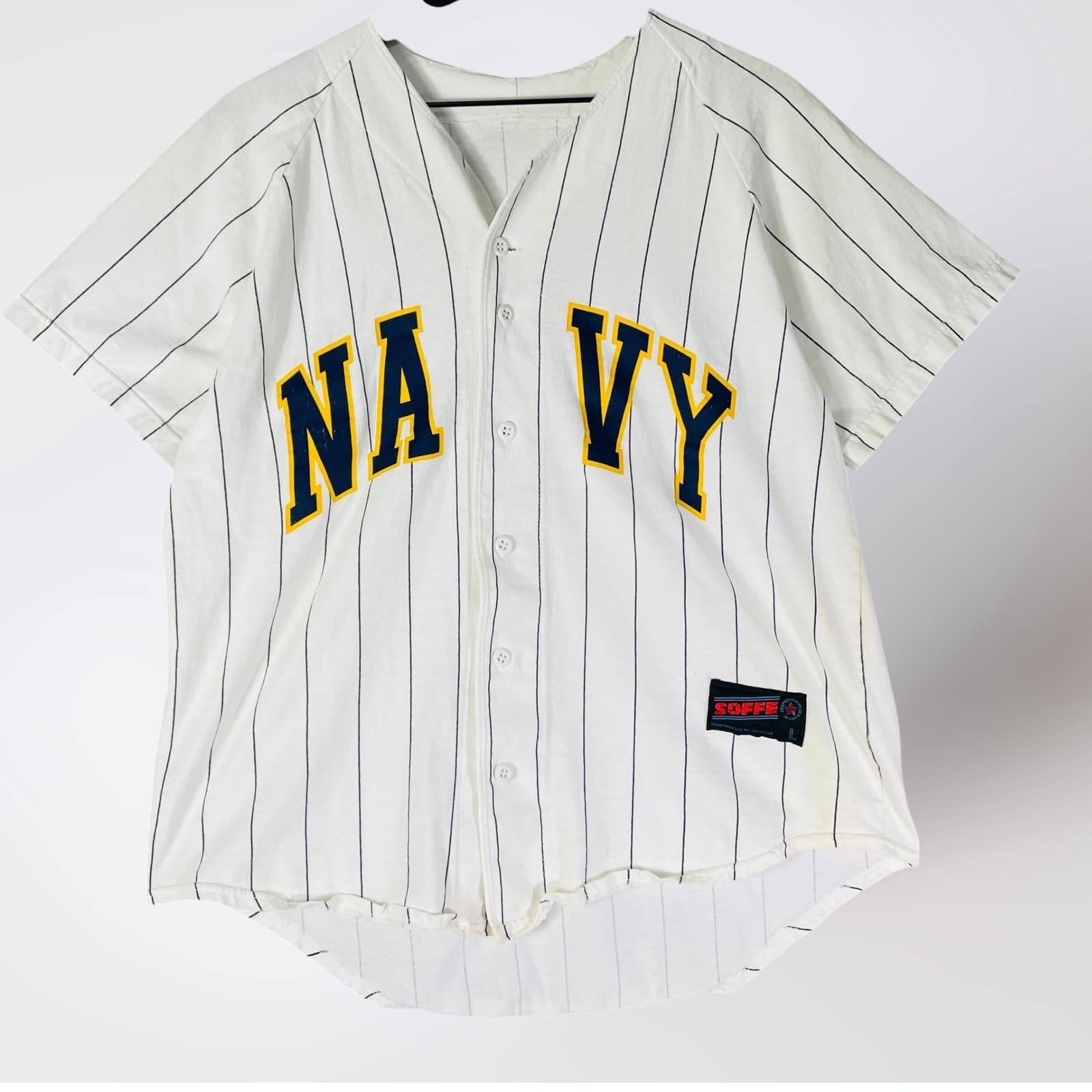 Vintage Soffe Men’s Large Navy Baseball Jersey White Pinstripe Button Up Shirt