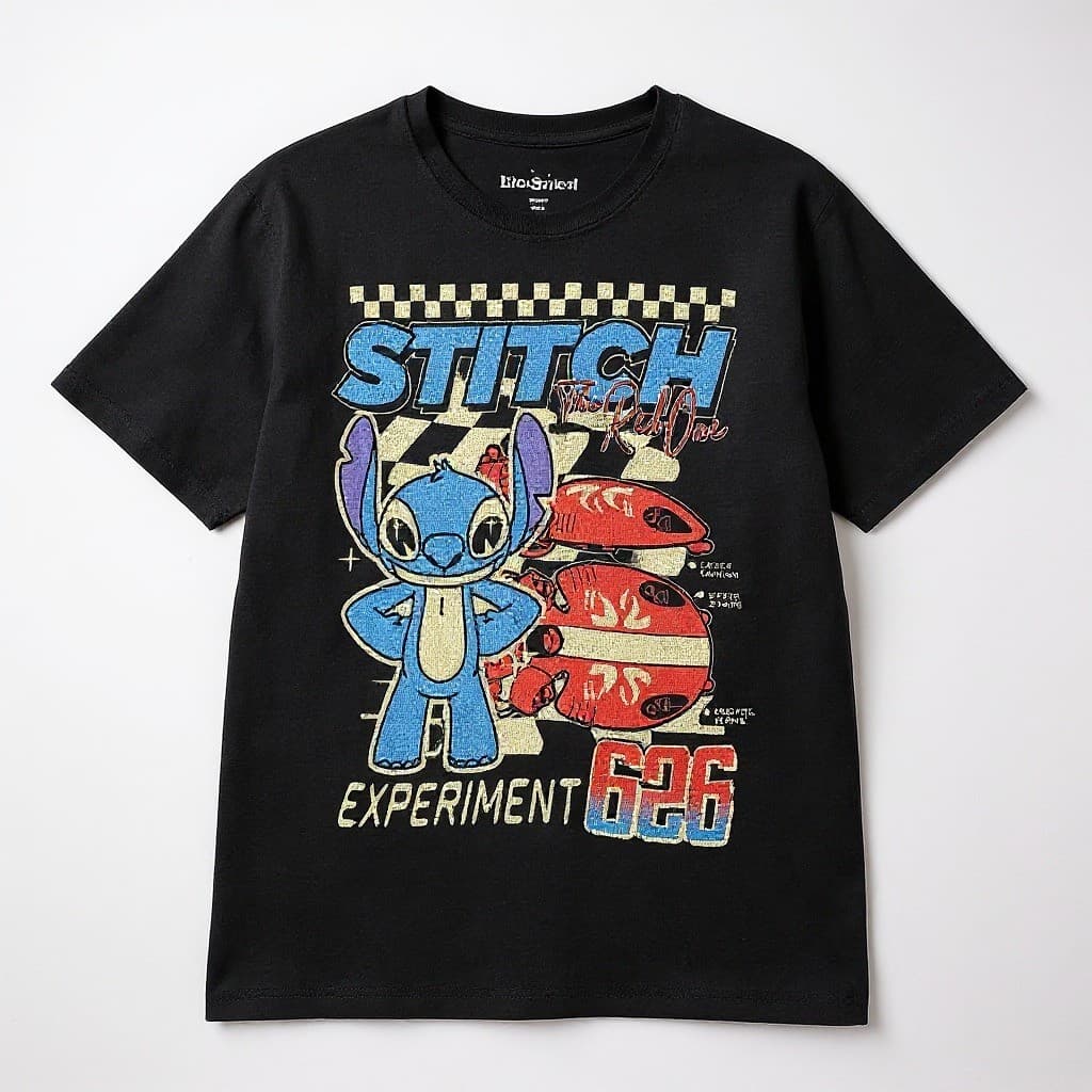 Disney Shirt Mens Lilo Stitch Experiment 626 Black Graphic Tee Cyberpunk Racer
