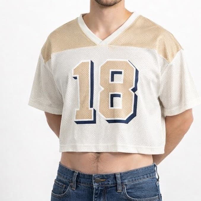 Cropped Mesh Jersey Top Beige White 18 V Neck Y2K Streetwear Unisex
