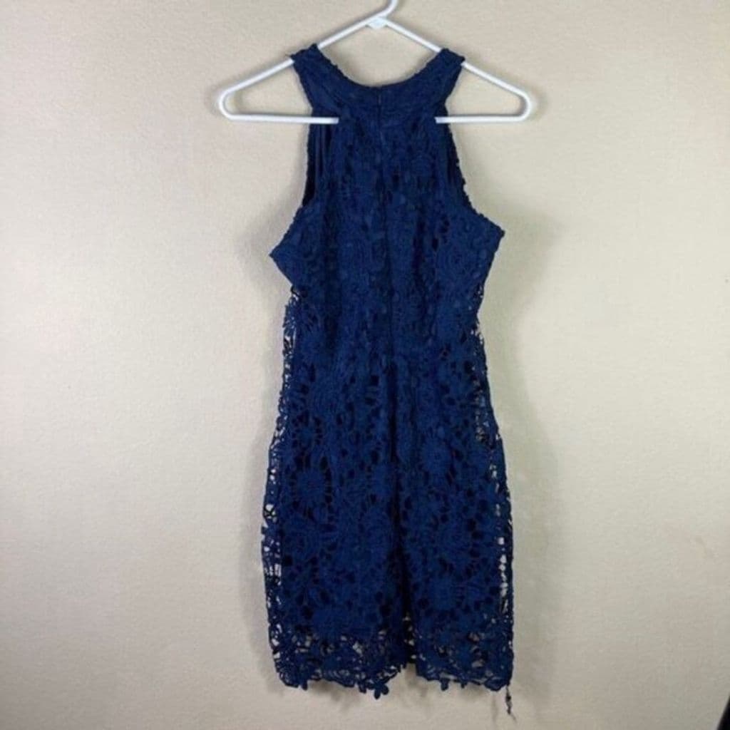 Leo Rosi Women's Halter Neck Lace Dress Blue Knee Length Size S