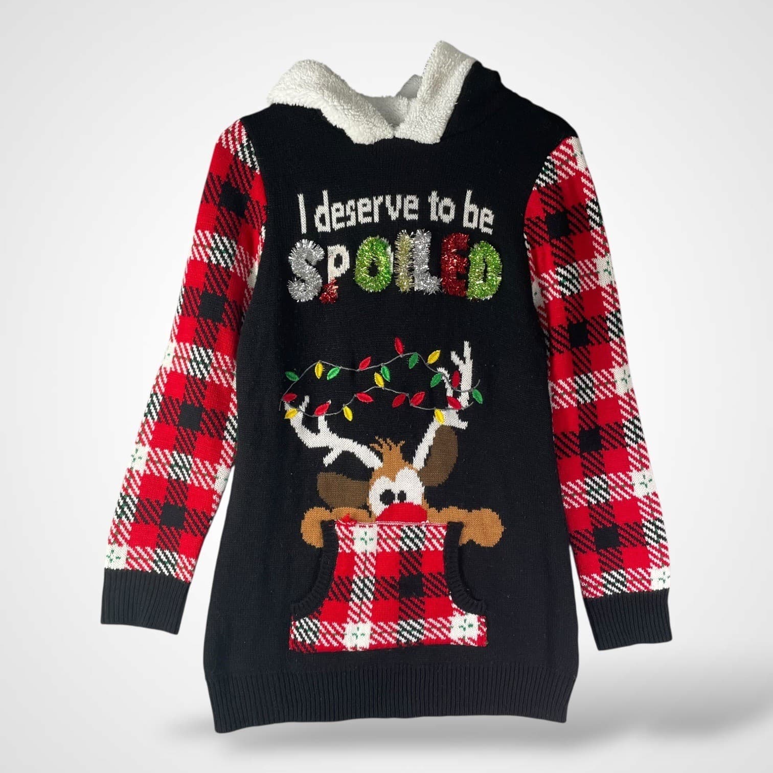No Boundaries Kids Ugly Christmas Sweater Hoodie L 11-13 Plaid Reindeer
