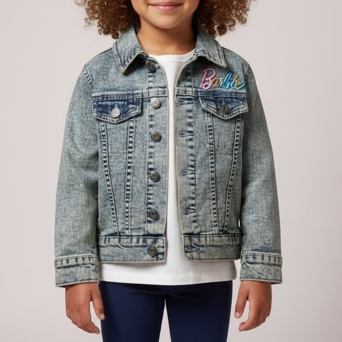 Barbie Denim Jacket Girls XS 4-5 Blue Acid Wash Embroidered Rainbow Trucker Jean