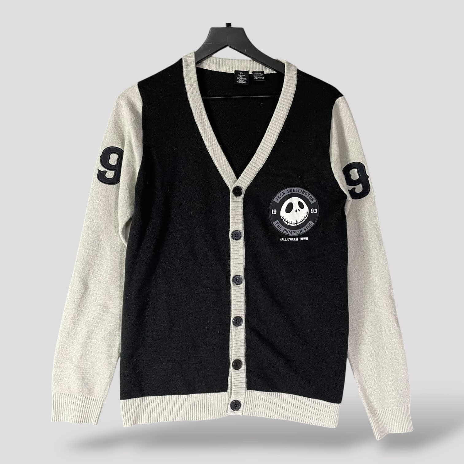 Disney Jack Skellington Cardigan Men's Medium Black Gray Varsity Style Sweater