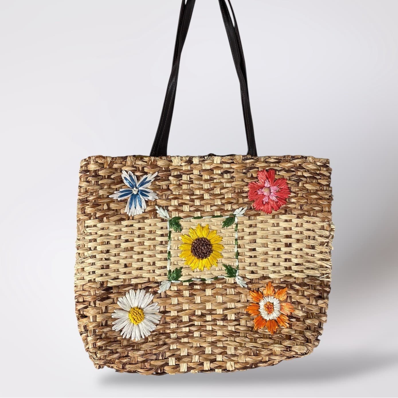 Charter Club Straw Woven Floral Applique Tote Bag Purse Yellow Lined