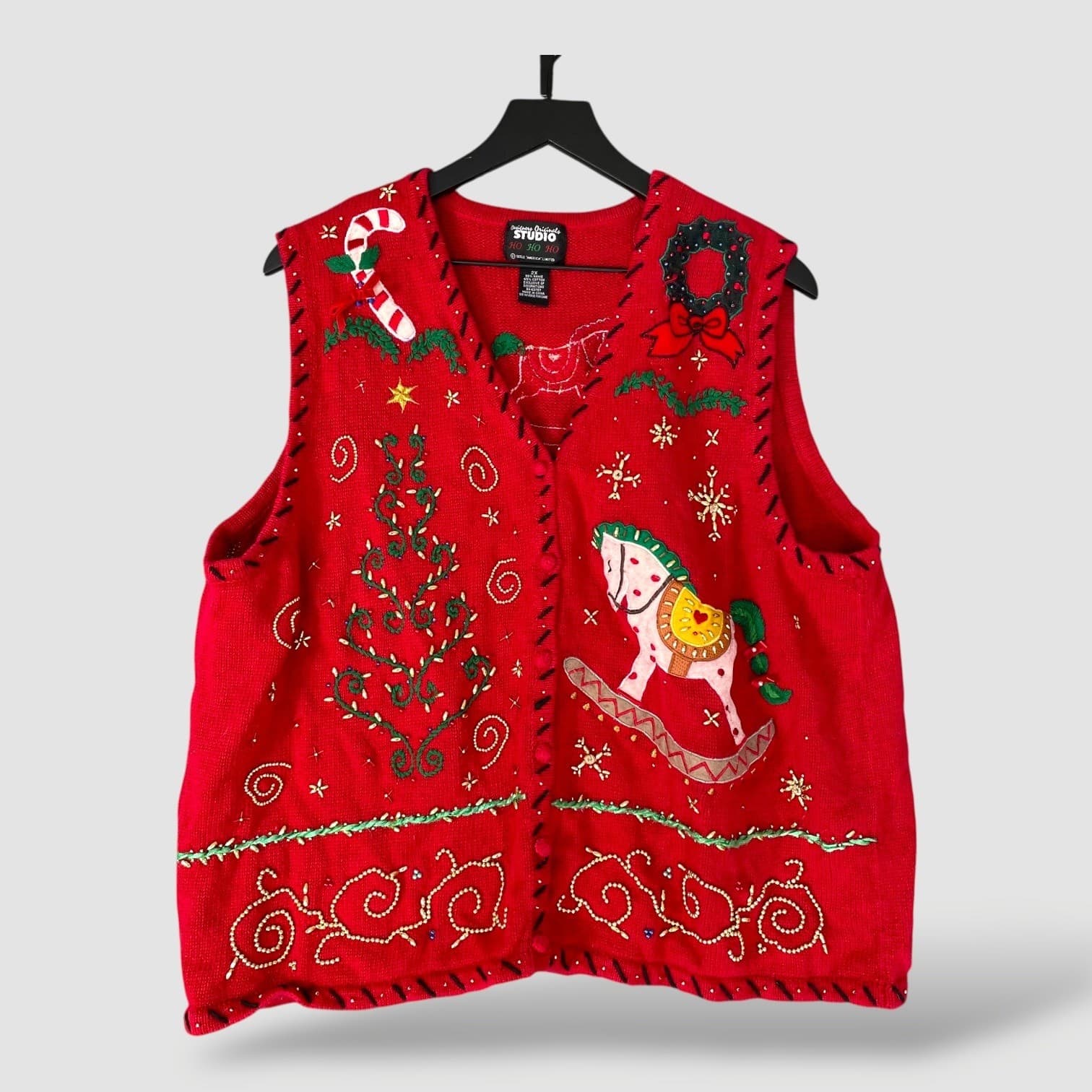 Designers Originals Studio Vintage Christmas Vest Red Rocking Horse Tree 2X