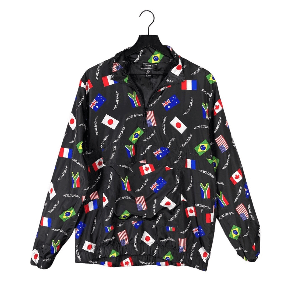 Forever 21 Windbreaker Jacket 1/4 Zip Mens Size Large Flag Graphic Worldwide