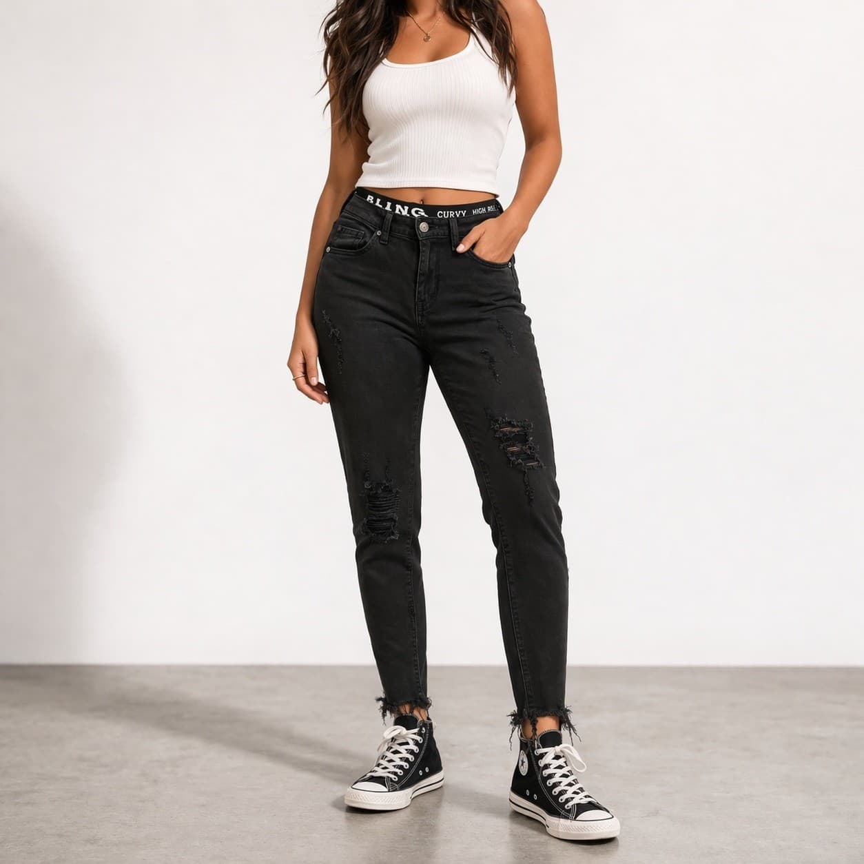 SONG Jeans Womens 1 Curvy High Rise Skinny Black Distressed Raw Hem Ankle