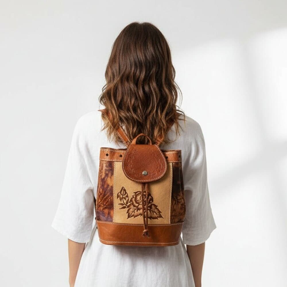 Vintage Mexican Hand-Tooled Leather Backpack Brown Floral Design