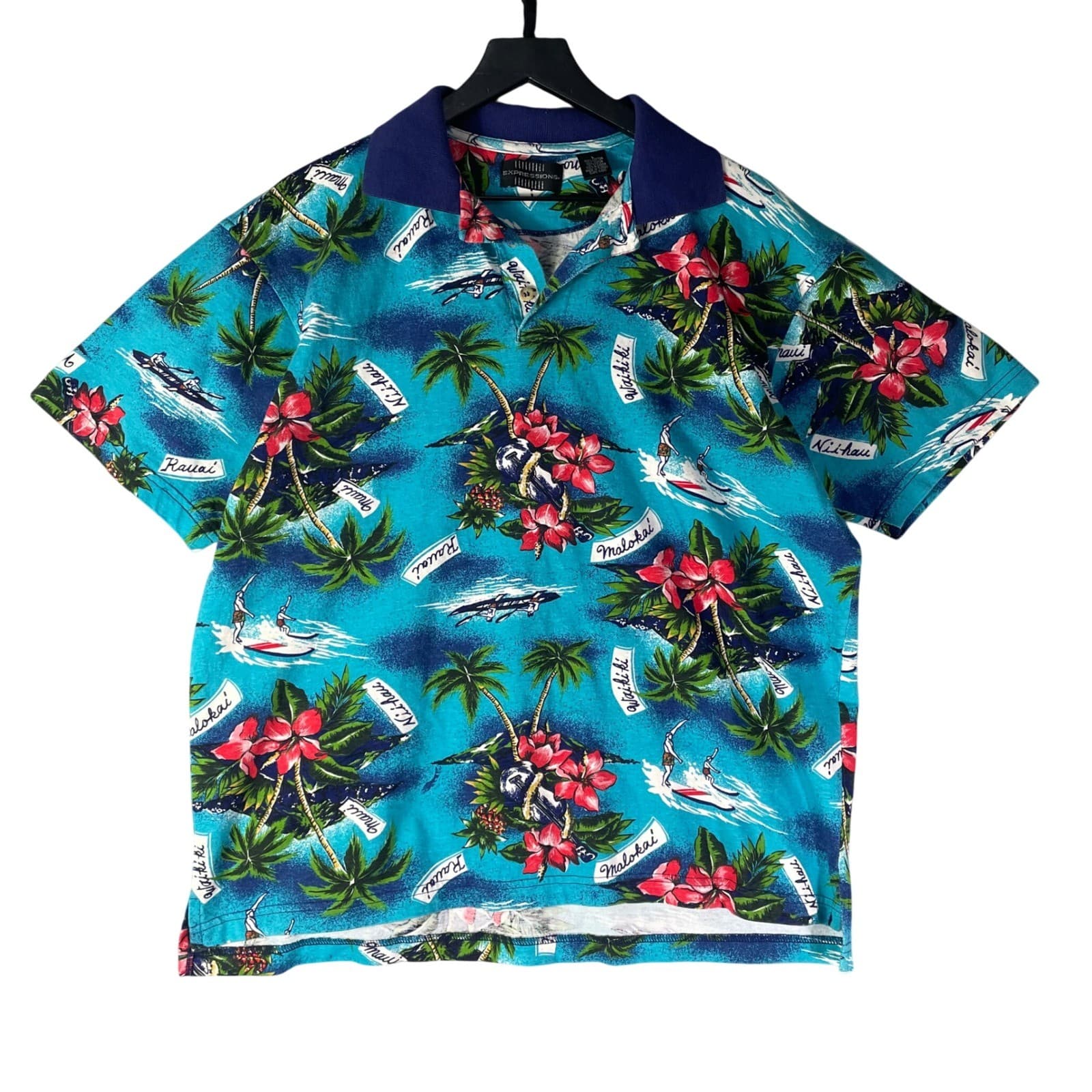 Mens Medium Hawaiian Shirt Blue Tropical Palm Tree Floral Beach Polo Shirt
