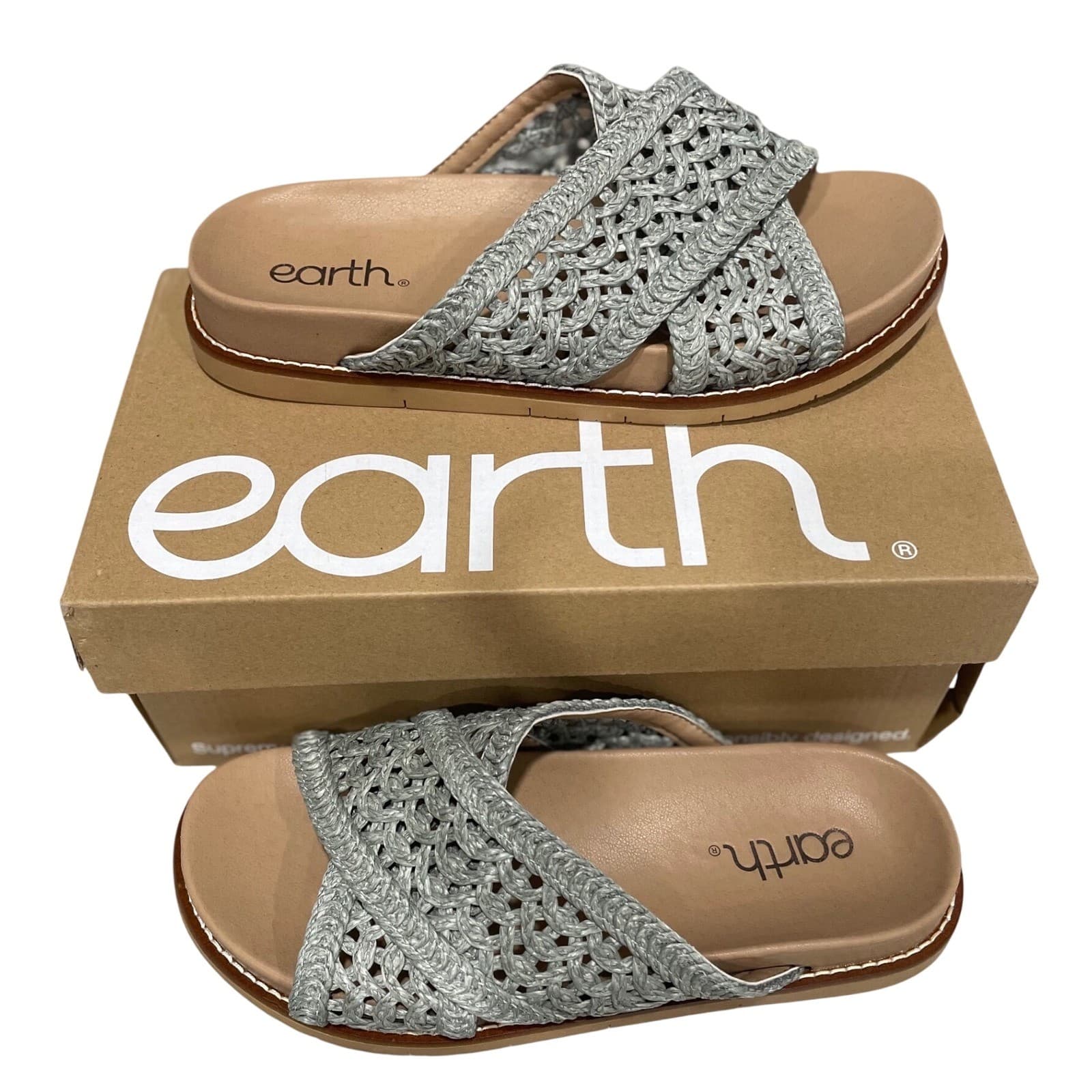 Earth Womens 7.5 Silver Metallic Woven Slide Sandals Comfort Casual New