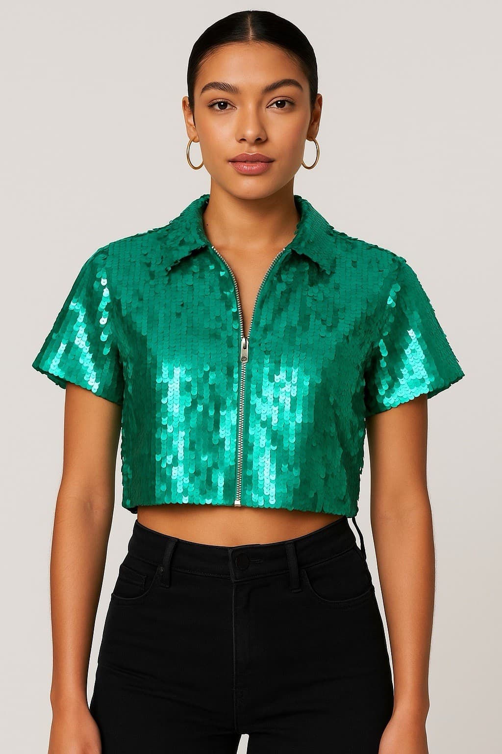 Starlet Sequin Top Shirt US 6 UK 10 Green Short Sleeve Crop Top Blouse